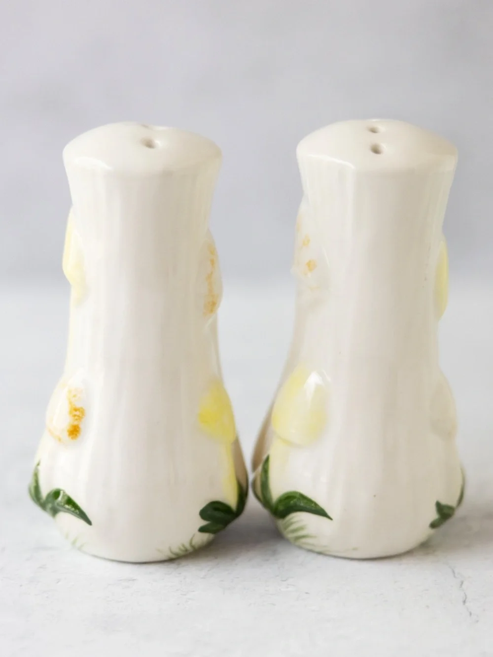 Vintage 1970s hand painted mushroom salt pepper shakers white yellow